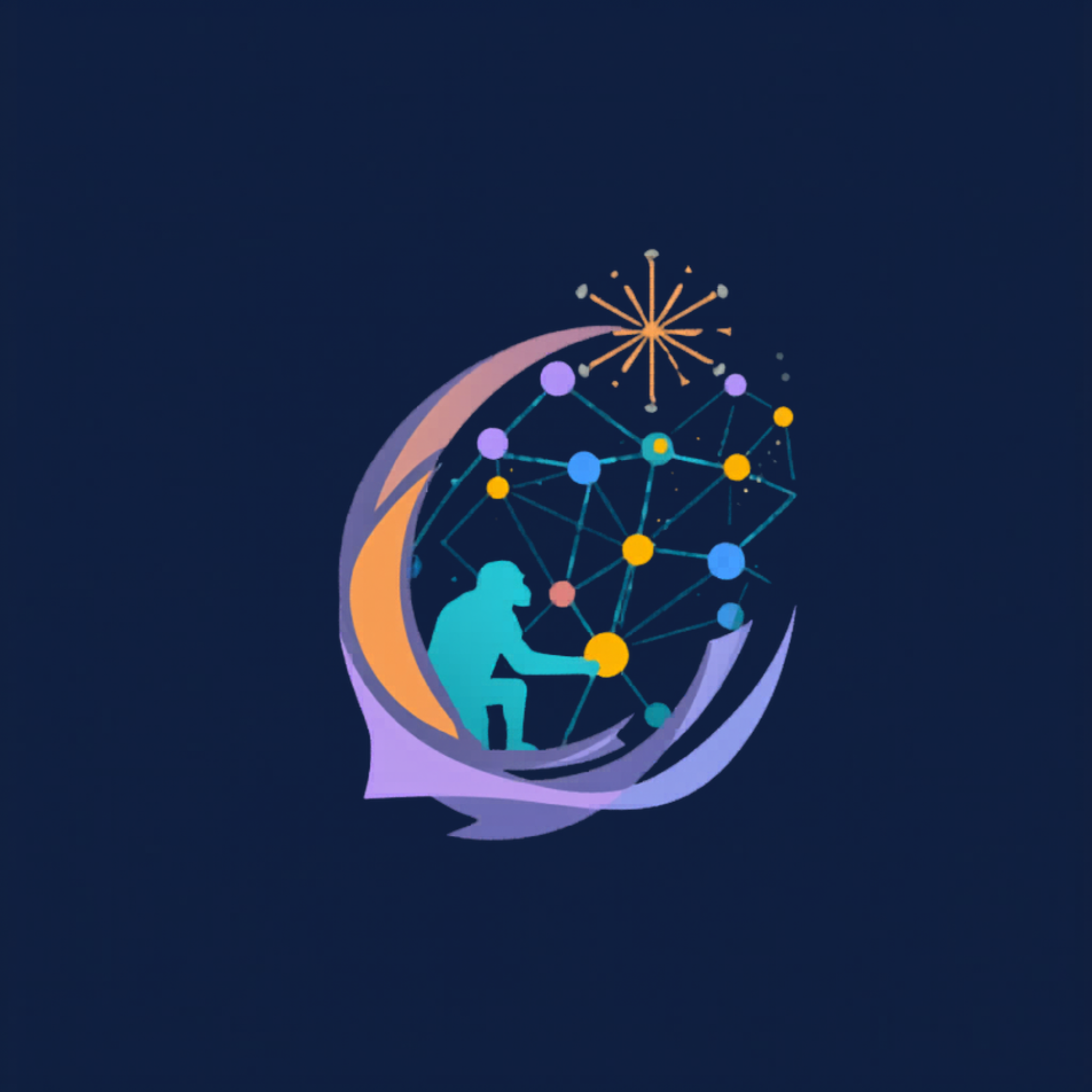 Logo showing a stylised figure at a computer with colourful connected dots and a bright star shape above, symbolising learning, leadership growth and organisational change.